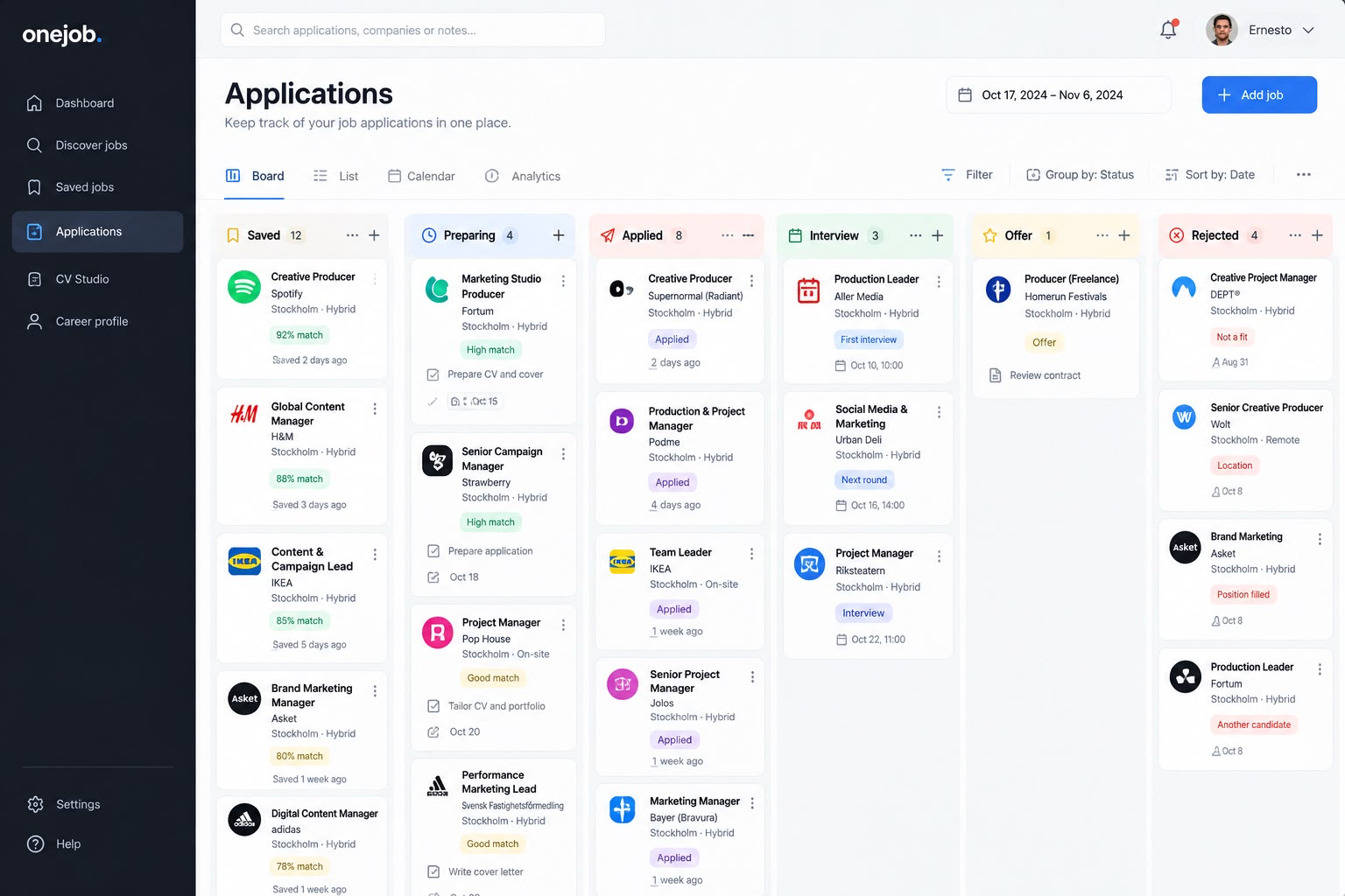onejob applications board tracking jobs from saved to offer